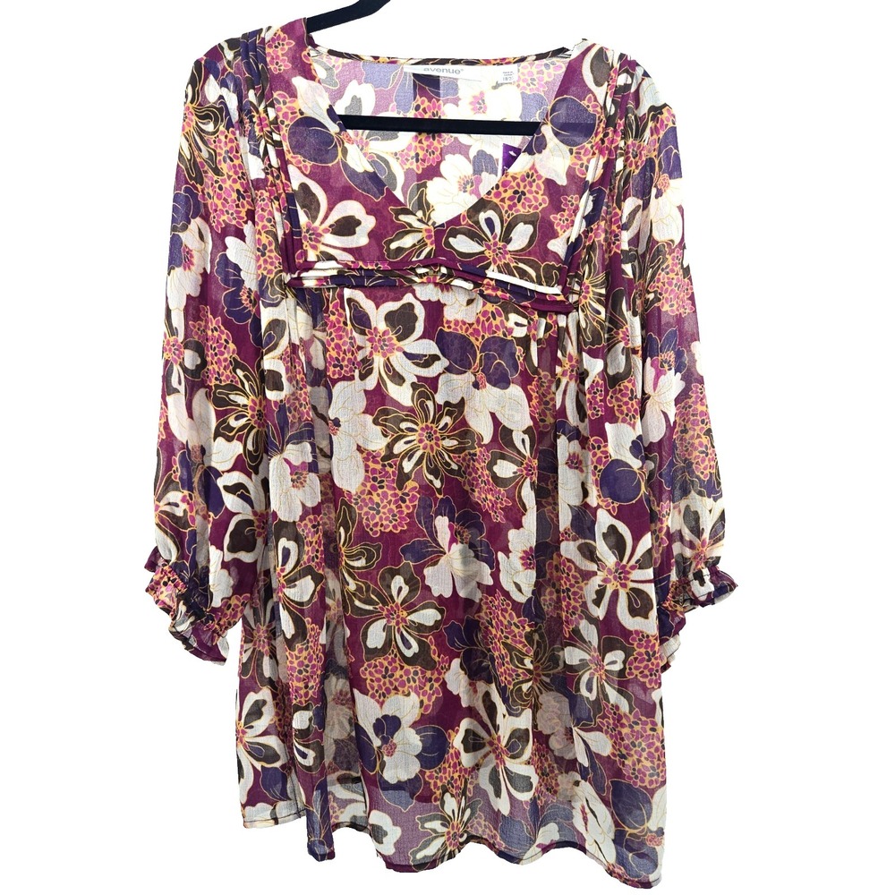 Avenue Women's Size 18/20 Floral Shear 3/4 Sleeve Tunic Blouse Top New (SHELL)